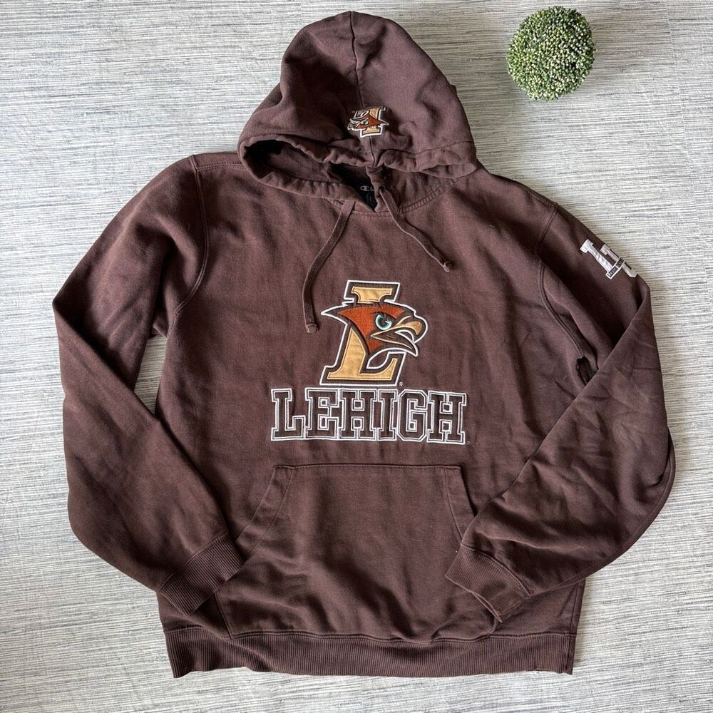 Lehigh University Champion Mountain Hawks Brown Hooded Sweatshirt Size M